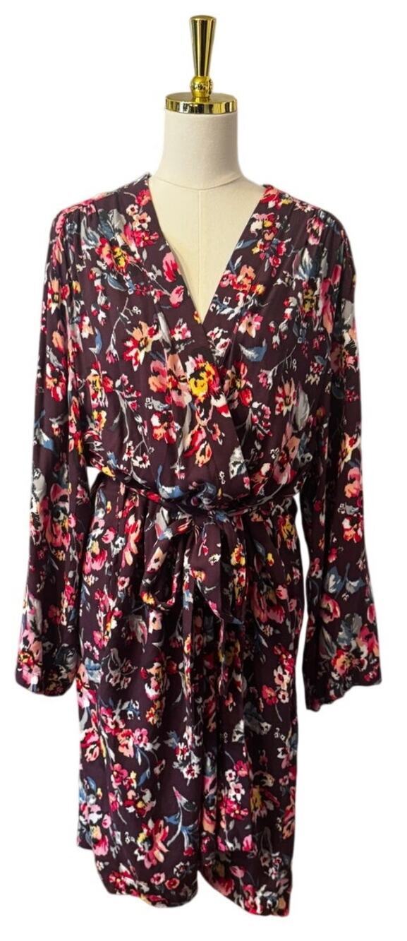 Vera Bradley Floral Wrap Robe Plum Burgundy Rayon Long Sleeve Belted L/XL